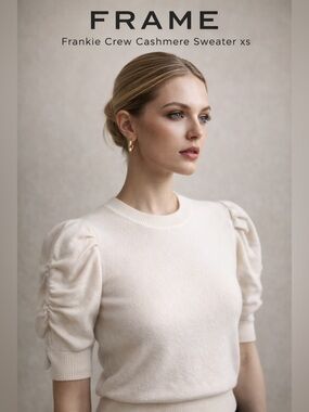 FRAME Frankie Crew Cashmere Sweater XS NWT Puff Sleeve Ruched Ivory Luxury Knit